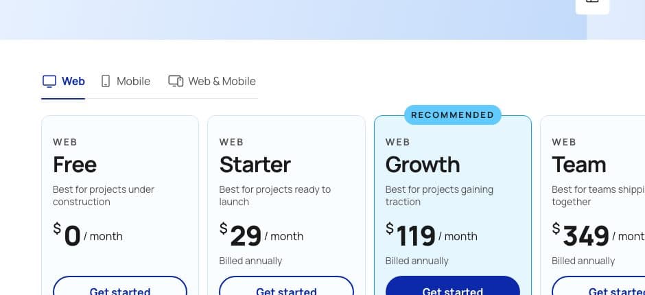 Pàgina oficial de preus de Bubble amb els plans Free, Starter, Growth i Team