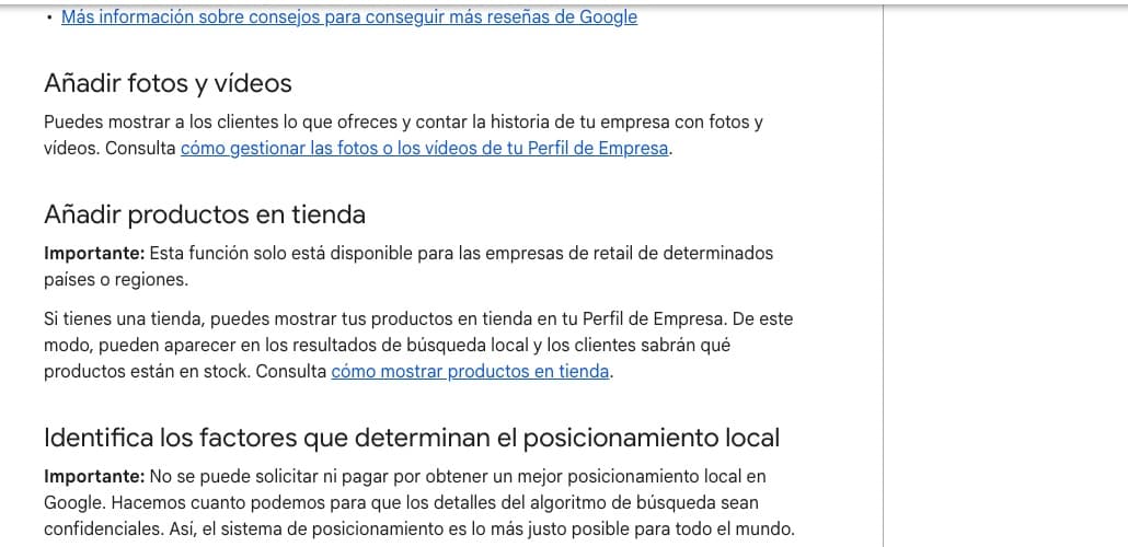 Página oficial de Google sobre los factores del posicionamiento local