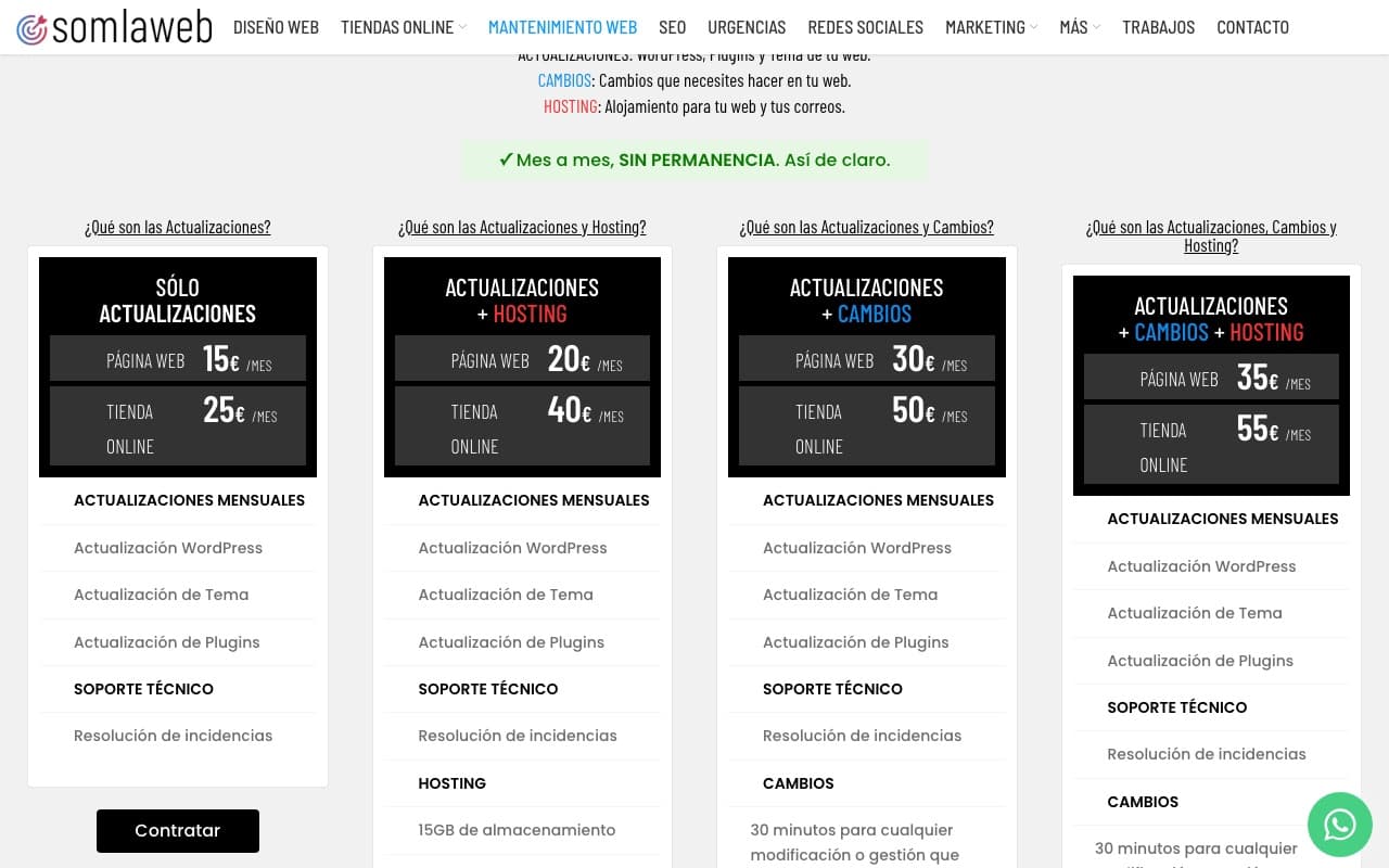 Tarifes publicades de manteniment WordPress d'una empresa espanyola