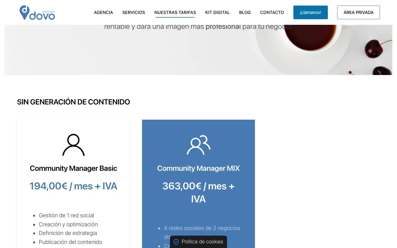 Published social media management prices from a Spanish agency