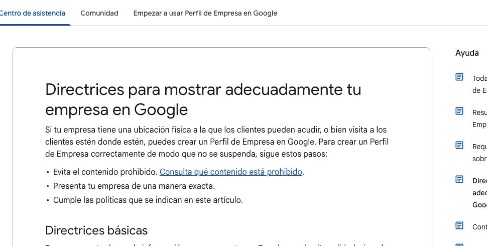 Página oficial de directrices del Perfil de Empresa en Google