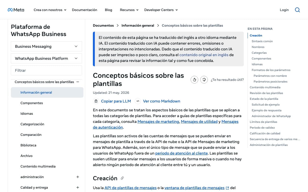 Documentación oficial de Meta sobre plantillas de WhatsApp
